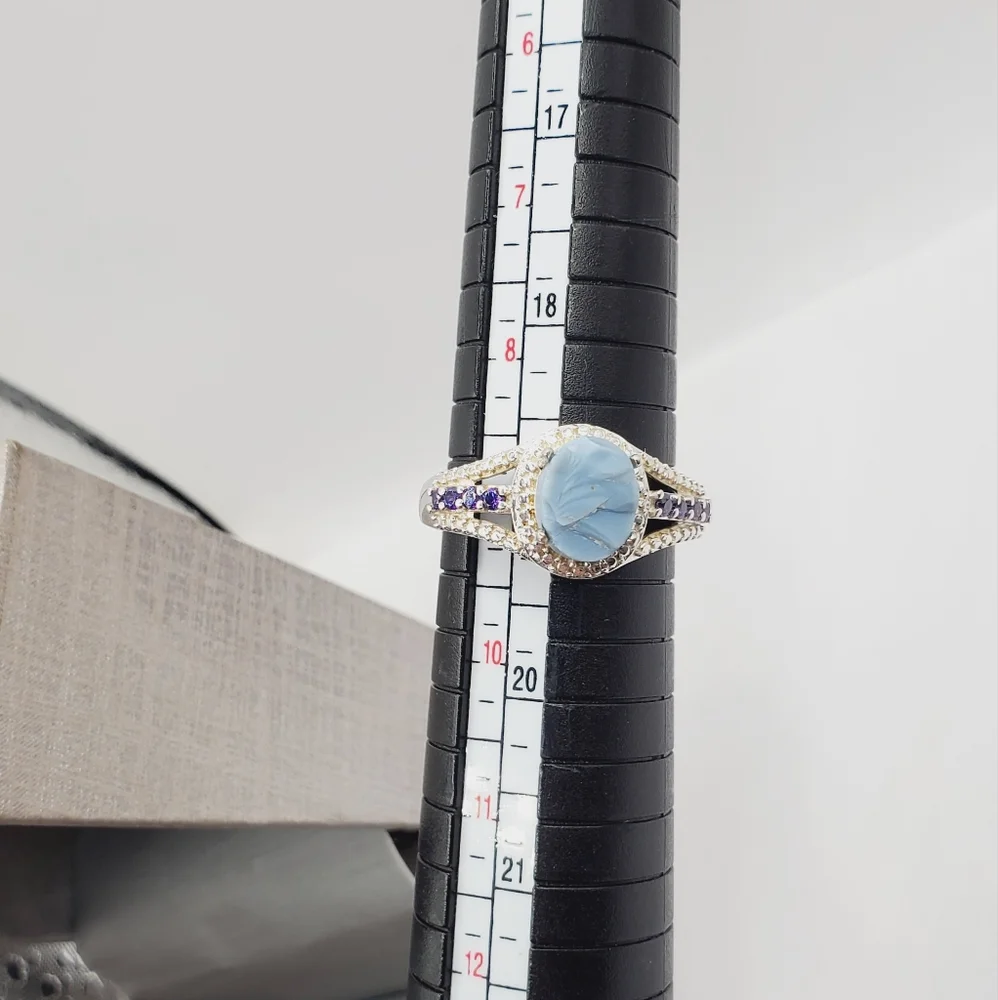Genuine Rough Cut Blue Oregon Opal & Purple Diamond Simulants 925 Silver Ring